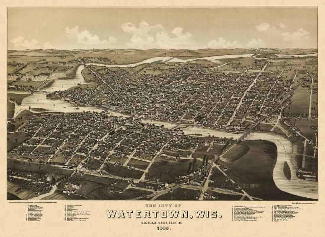 Antique Map of Watertown Wisconsin 1885 Dodge County Canvas Art - (36 x 54)