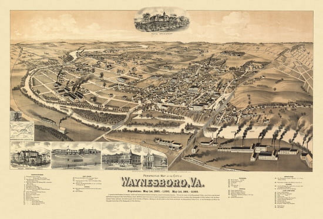 Antique Map of Waynesboro Virginia 1891 City Of Waynesboro County Canvas Art - (36 x 54)