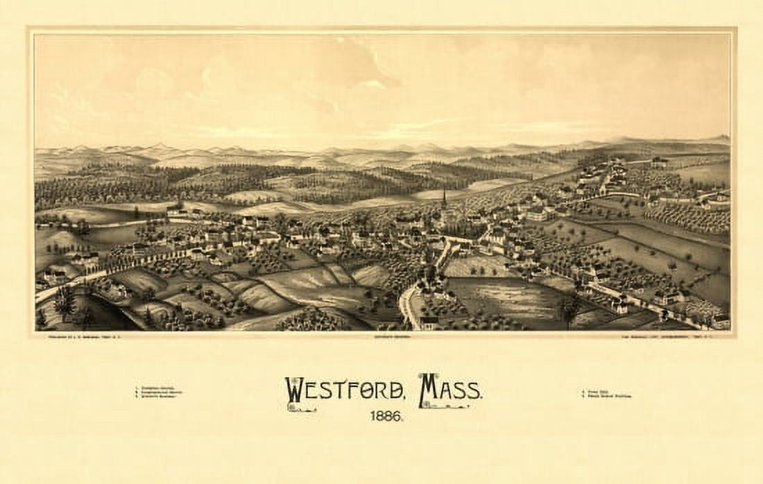 Antique Map of Westford Massachusetts 1886 Middlesex County Canvas Art - (24 x 36)