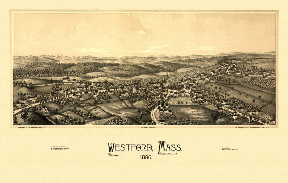 Antique Map of Westford Massachusetts 1886 Middlesex County Canvas Art - (36 x 54)