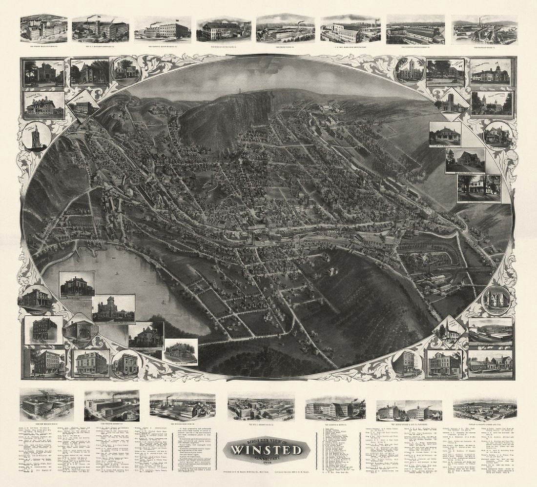 Antique Map of Winsted Connecticut 1908 Litchfield County Canvas Art - (18 x 24)