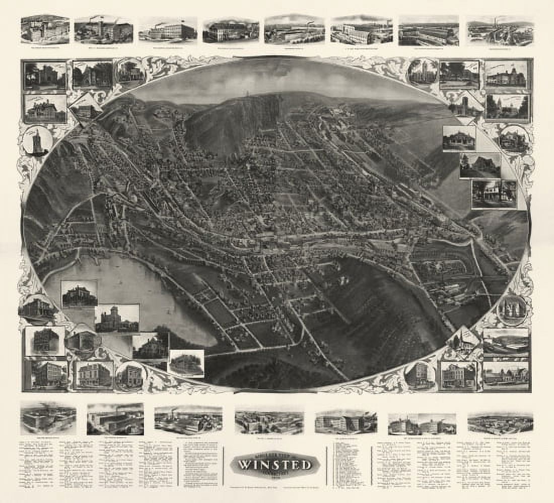 Antique Map of Winsted Connecticut 1908 Litchfield County Canvas Art - (24 x 36)