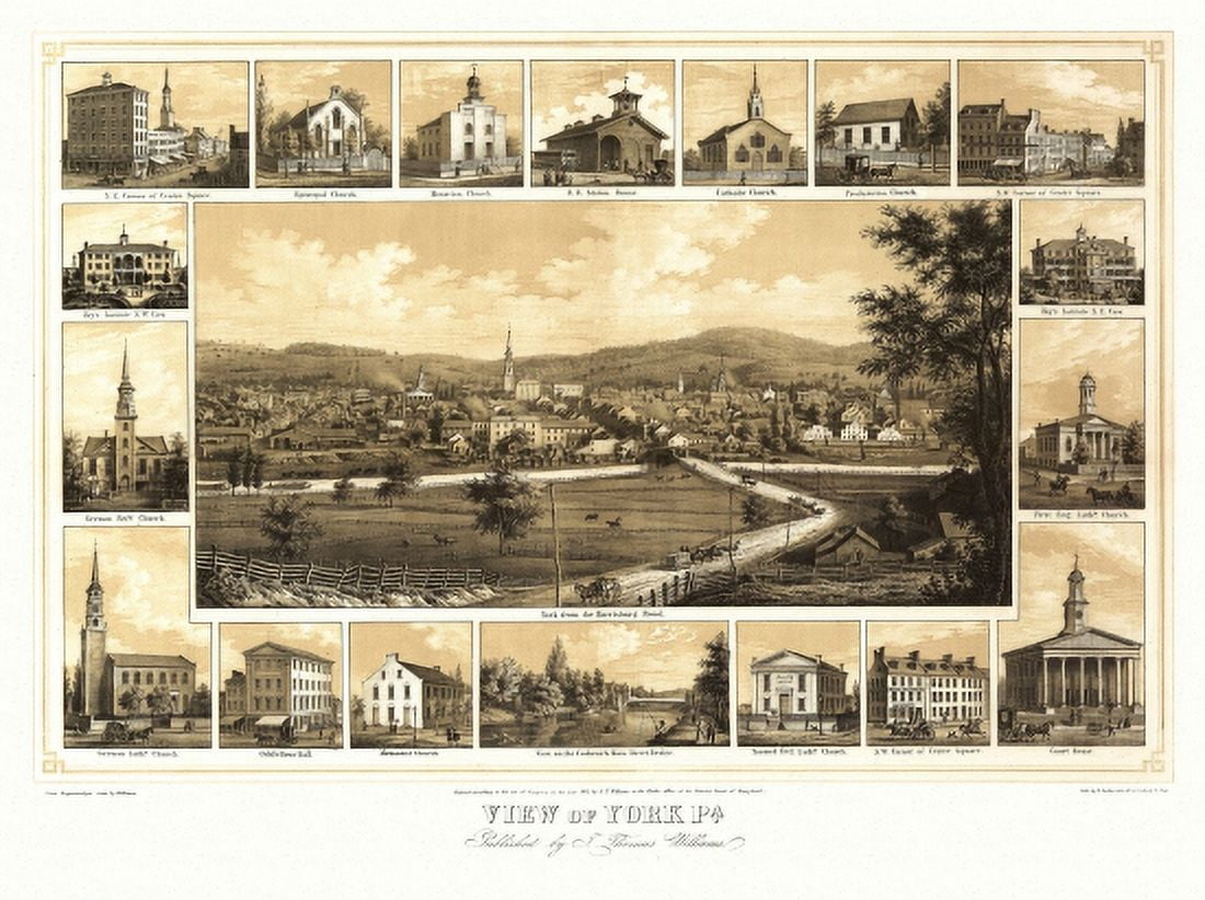 Antique Map of York Pennsylvania 1852 York County Canvas Art - (36 x 54)