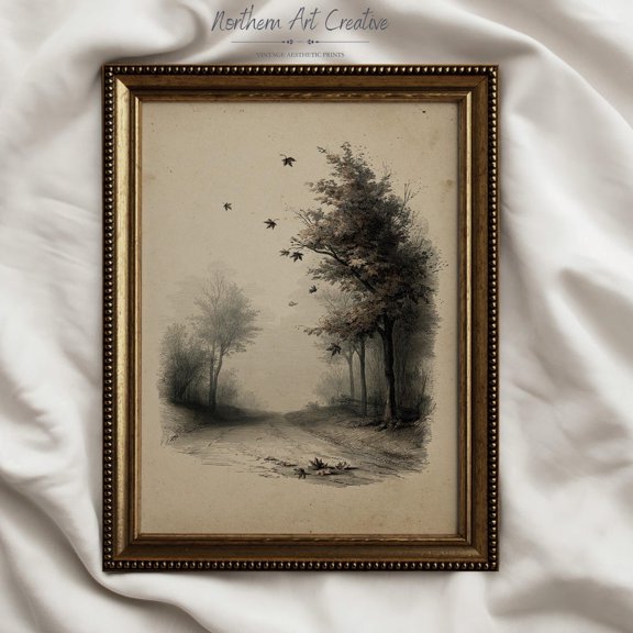 Antique Maple Tree Etching Wall Art Print, Fall Country Decor