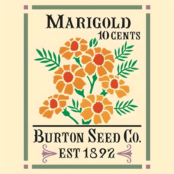 Antique Marigold Seed Packet Stencil - (10.4" x 13.5" Image) Unique Seed Stencil Flower Garden Floral DIY Vase Decor Painting Gifts Crafts Laser Cut Mylar Reusable Templates - The Artful Stencil