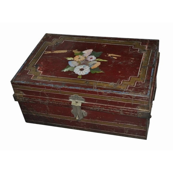 Antique Metal Manuscript Chest| Indian Temple Trunk| Vintage Keepsake Box| Unique Red Treasure Chest| Traditional Historical Wedding Gift