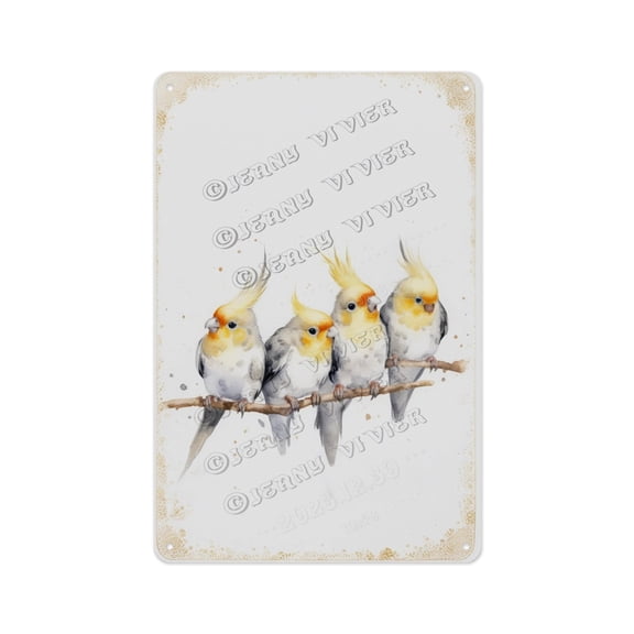 Antique Metal Sign, Aluminum, 12 x 16 Inches, Adds Vintage Appeal to Your Living Room, Bedroom, or Kitchen with Watercolor Cockatiels on The Branch Design
