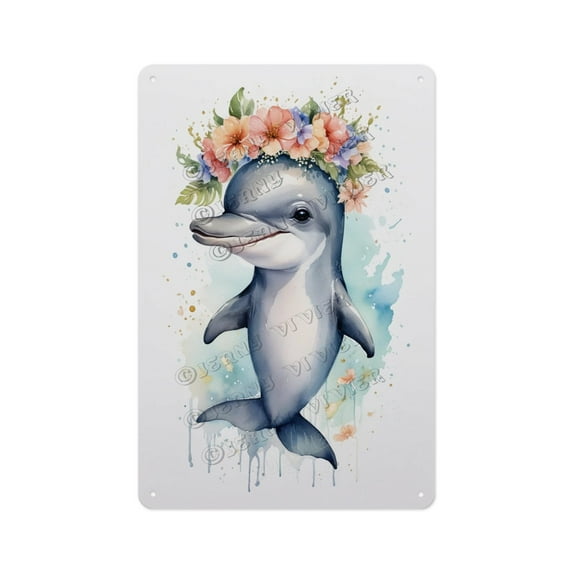 Antique Metal Sign, Aluminum, 12 x 16 Inches, Watercolor Dolphin Design, Adds a Vintage Touch to Your Living Room, Bedroom, or Garden, Ideal for Ocean and Nature Decor Enthusiasts