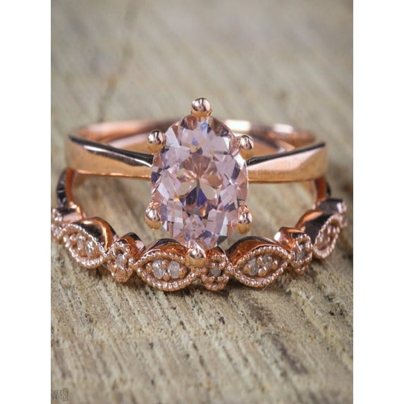 Antique Milgrain 1.25 carat Round Cut Morganite and Diamond Bridal Wedding Ring Set in Rose Gold