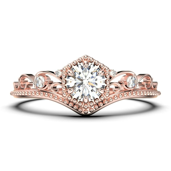 Antique Milgrain Art Deco 1.50 Carat Round Cut Crown Diamond Moissanite Engagement Ring, Engraved Moissanite Wedding Ring in 10k Solid Rose Gold, Gift, Promise Ring, Anniversary Rings