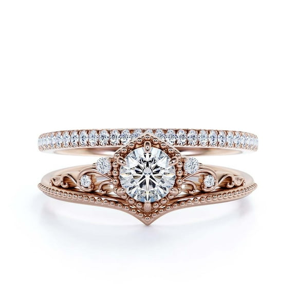 Antique Milgrain Art Deco 2.00 Carat Round Cut Crown Diamond Moissanite Engagement Ring, Engraved Wedding Ring, One Matching Band in 10k Solid Rose Gold, Gift, Promise Ring, Anniversary Rings