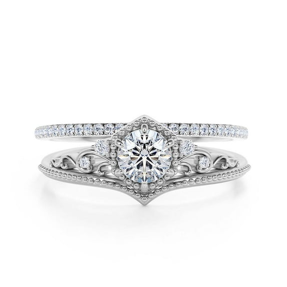 Antique Milgrain Art Deco 2.00 Carat Round Cut Crown Diamond Moissanite Engagement Ring, Engraved Wedding Ring, One Matching Band in 10k Solid White Gold, Gift, Promise Ring, Anniversary Rings