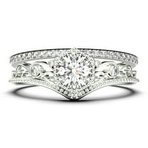 Antique Milgrain Art Deco 2.00 Carat Round Cut Crown Diamond Moissanite Engagement Ring, Engraved Wedding Ring, One Matching Band in 10k Solid White Gold, Gift, Promise Ring