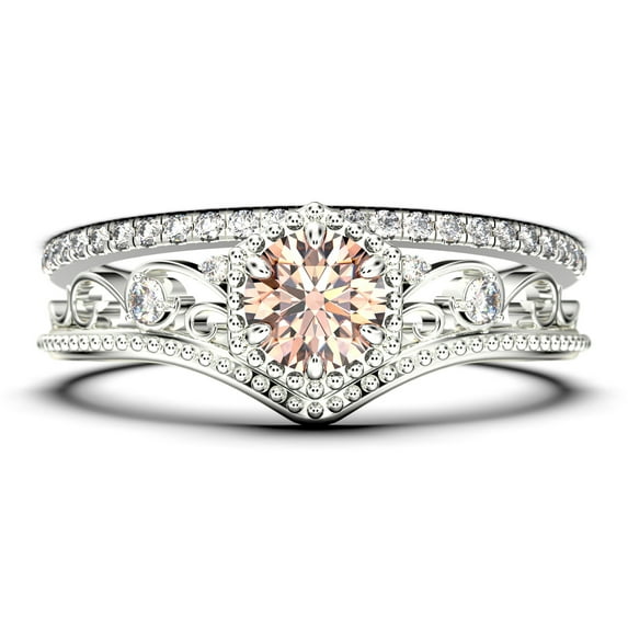 Antique Milgrain Art Deco 2.00 Carat Round Cut Crown Morganite And Diamond Moissanite Engagement Ring, Engraved Wedding Ring, One Matching Band in 10k Solid White Gold, Gift, Promise Ring