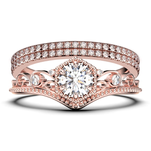Antique 2.50 Carat Round Cut Moissanite & Diamond Engagement Ring in 10k Rose Gold
