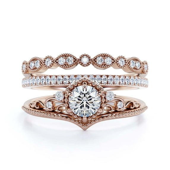 Antique Milgrain Art Deco 2.50 Carat Round Cut Crown Diamond Moissanite Engagement Ring, Engraved Wedding Ring, Two Matching Band in 10k Solid Rose Gold, Gift, Promise Ring, Anniversary Rings
