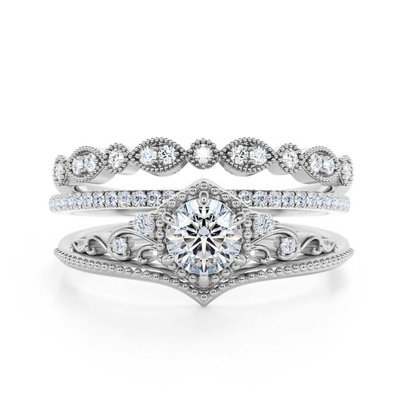 Antique Milgrain Art Deco 2.50 Carat Round Cut Crown Diamond Moissanite Engagement Ring, Engraved Wedding Ring, Two Matching Band in 10k Solid White Gold, Gift, Promise Ring, Anniversary Rings