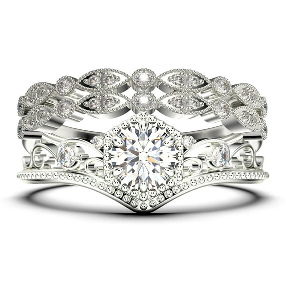 Antique Milgrain Art Deco 2.50 Carat Round Cut Crown Diamond Moissanite Engagement Ring, Engraved Wedding Ring, Two Matching Band in 10k Solid White Gold, Gift, Promise Ring