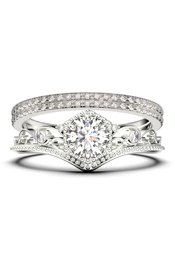 Antique Milgrain Art Deco 2.50 Carat Round Cut Crown Diamond Moissanite Engagement Ring, Engraved Wedding Ring, Two Matching Band in 10k Solid White Gold, Gift, Promise Ring