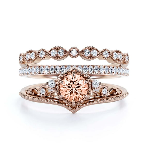 Antique Milgrain Art Deco 2.50 Carat Round Cut Crown Morganite And Diamond Moissanite Engagement Ring, Engraved Wedding Ring, Two Matching Band in 10k Solid Rose Gold, Gift, Promise Ring