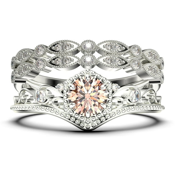Antique Milgrain Art Deco 2.50 Carat Round Cut Crown Morganite And Diamond Moissanite Engagement Ring, Engraved Wedding Ring, Two Matching Band in 10k Solid White Gold, Gift, Promise Ring