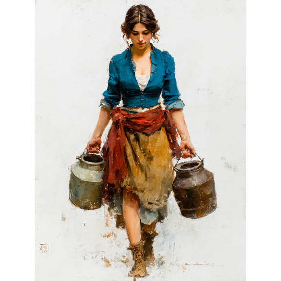 Antique Milk Carrier Woman Portrait Canvas Print, Vintage Rustic Fine Art, Farmhouse Wall Decor