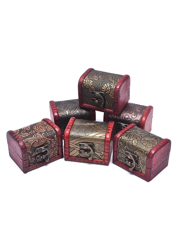 Antique Mini Wood Treasure Chest Storage Box Jewelry Organizer Box Gift Box