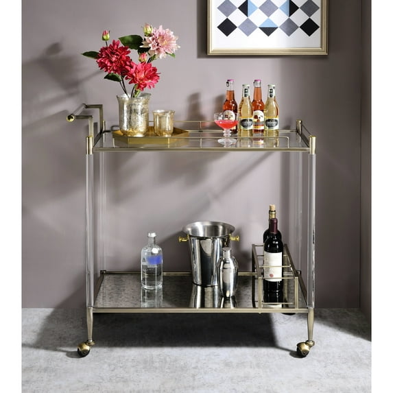 Antique Mirror & Brass Accentuated Serving Wagon - 5mm Tempered Glass Shelves Stylish 3 Wine Holder Metal Frame With Acrylic 4 Caster Wheels For Mobility Easy Assembly And Keep Clean From Elegant