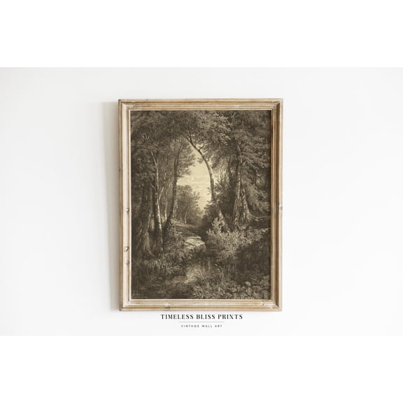 Antique Moody Forest Landscape Printable Art Neutral Woodland River Print Brown Dark Wall Art Vintage Woods Trees Etching Poster Decor, Unframed Poster Size 8x12 F03.1.21l939