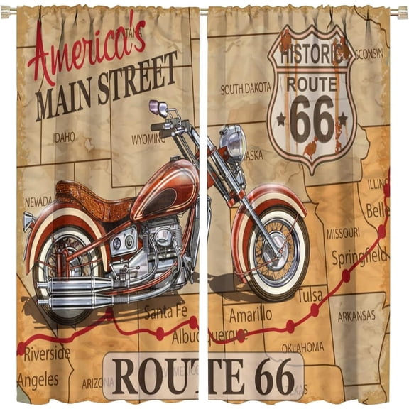 Antique Motorcycle Curtains Window, Old Classic Car Theme USA Map Route 66 Curtains, for Living Room Bedroom 63x63in 2 Panels