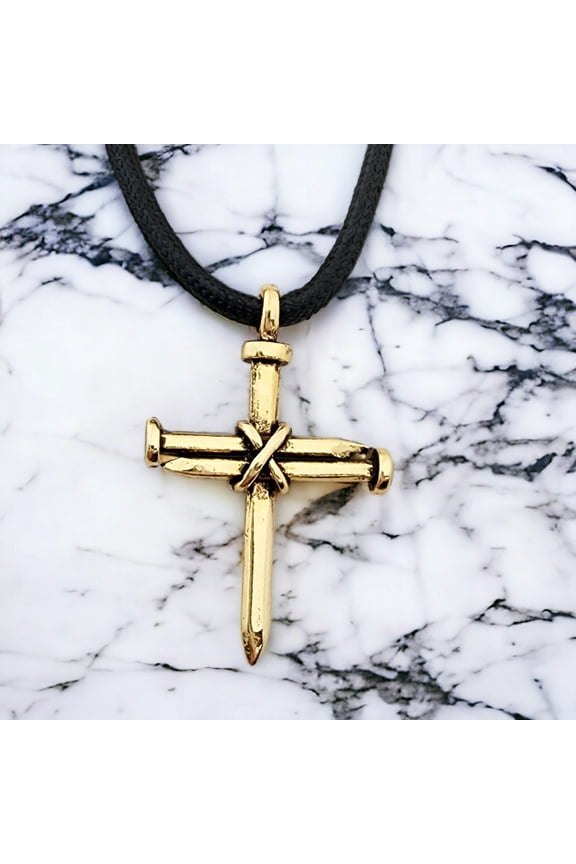 Antique Nail Cross Gold Finish Black Cord Necklace