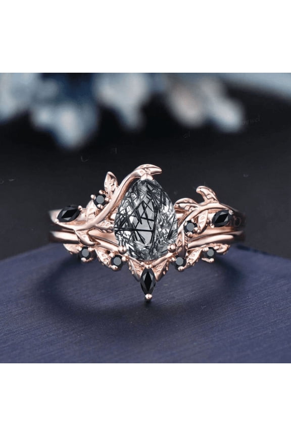 Antique Natural Black Rutilated Quartz Pear Engagement Ring&nbsp;in 14K Rose Gold Vermeil- Leaf Nature Inspired Black Diamond Ring