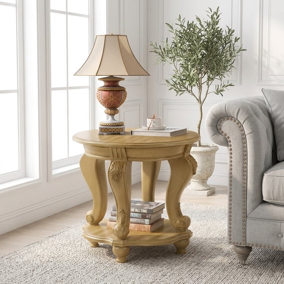 Antique Natural Round End Table with Lower Shelf - Solid Wood Sofa Side Table