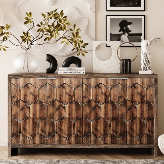 Antique Natural Wood, Four - door Design - Dining Room Buffet Server