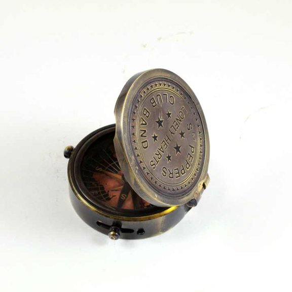Antique Nautical Brass Pocket Compass with Engraved Text Metal and Alloy Leather Case