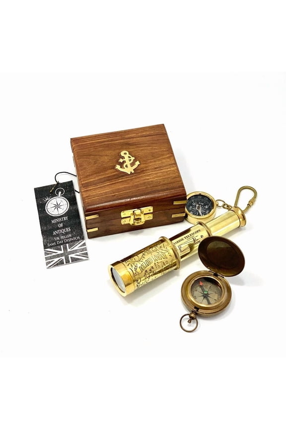 Antique Nautical Gift Set in Brass | Pocket Compass, Compass Key Ring & Engraved Telescope with Polished Wooden Box | Handmade Maritime Collectible Gift
