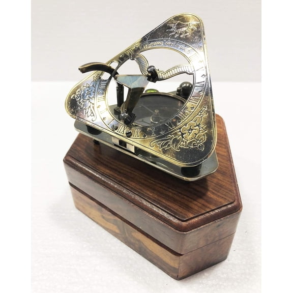 Antique Nautical London Sundial Engrave Compass 4" Brass Navigation Pocket Compass with Wooden Box