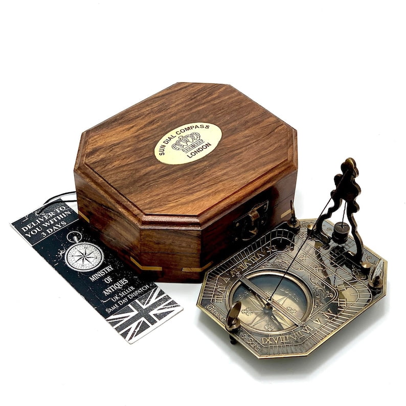 Antique Nautical Sundial Pendulum Compass Engrave Gilbert & Sons London Sundial Compass 4.5" Brass Navigation Compass with Wooden Box