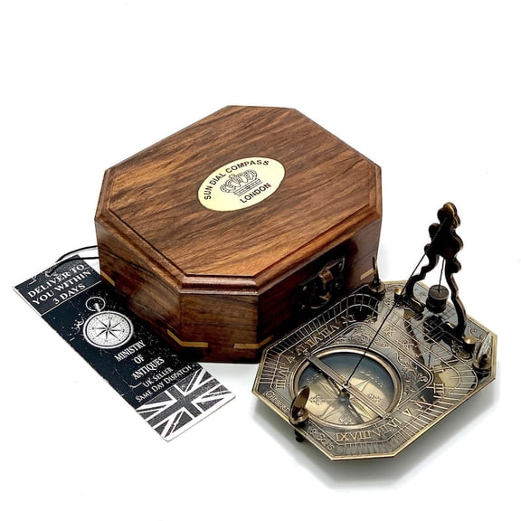 Antique Nautical Sundial Pendulum Compass Engrave Gilbert & Sons London Sundial Compass 4.5" Brass Navigation Compass with Wooden Box
