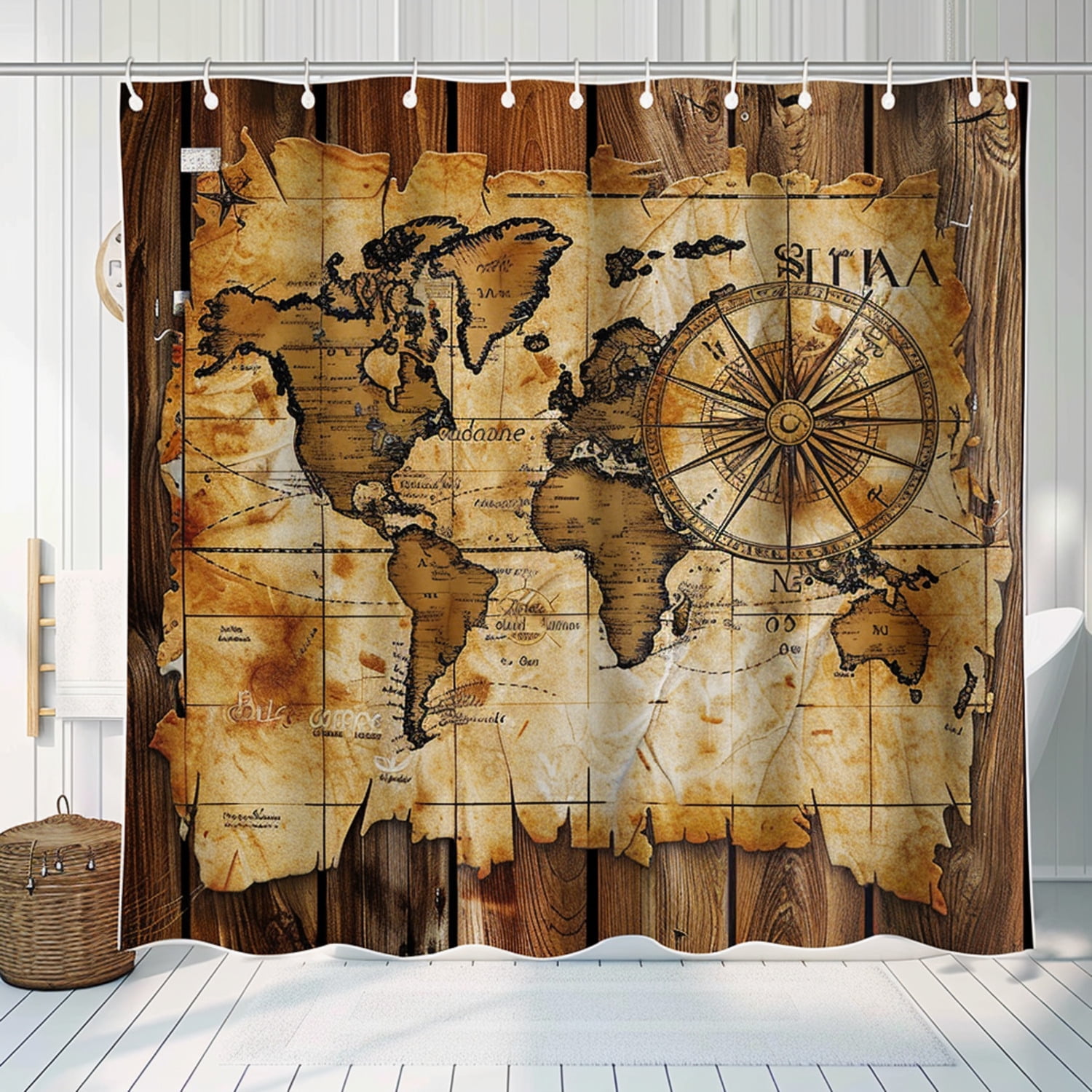 Antique Nautical Theme Rustic Wooden Shower Curtain Set with Treasure ...