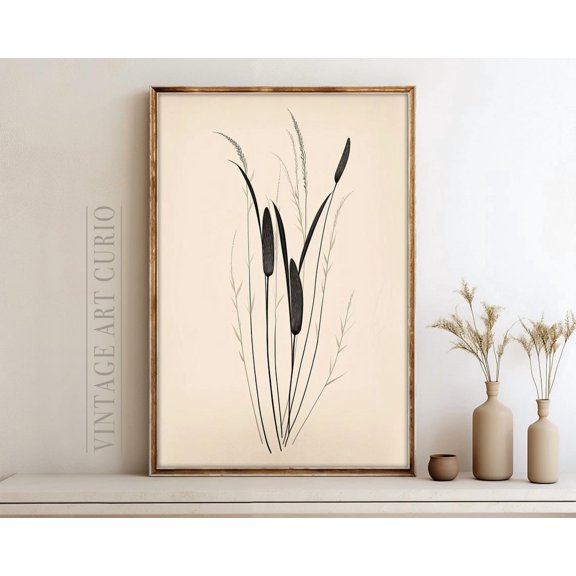 Antique Neutral Farmhouse Wall Print Decor, Reeds Sketch, Rustic Country Decor, Bathroom , Vintage Etching Unframed Paper Print