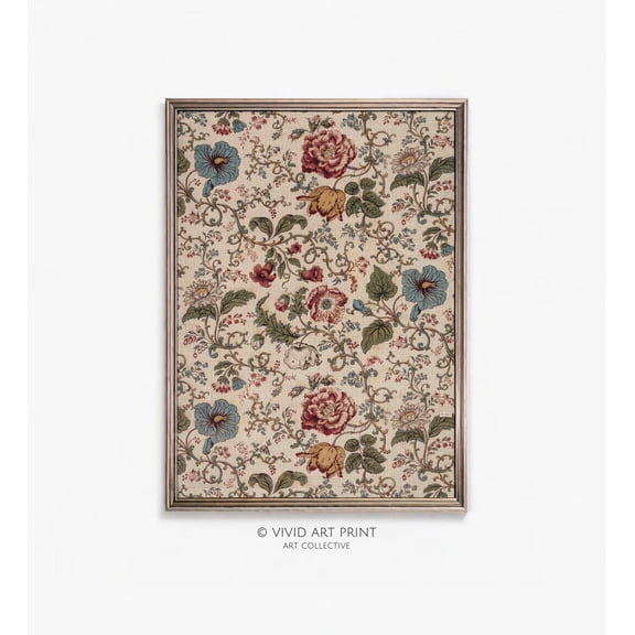 Antique Neutral Floral Textile Wall Art, Vintage Home Decor, Botanical Pattern Design, Vivid Art Print Ei-343 Wall Art, Modern Wall Decor, 12x18 UNFRAMED