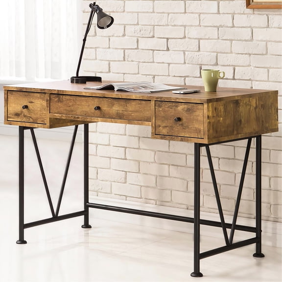 Antique Nutmeg And Black Writing Desk With 3 Drawers, Industrial Chic Look Rustic Workspace Desk, Drawers For Efficiency