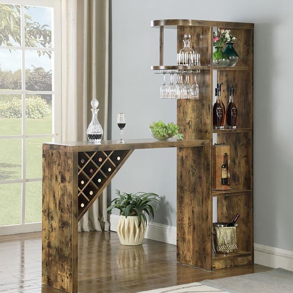 Antique Nutmeg Bar Table With Wine Area - Rustic Shelf Design