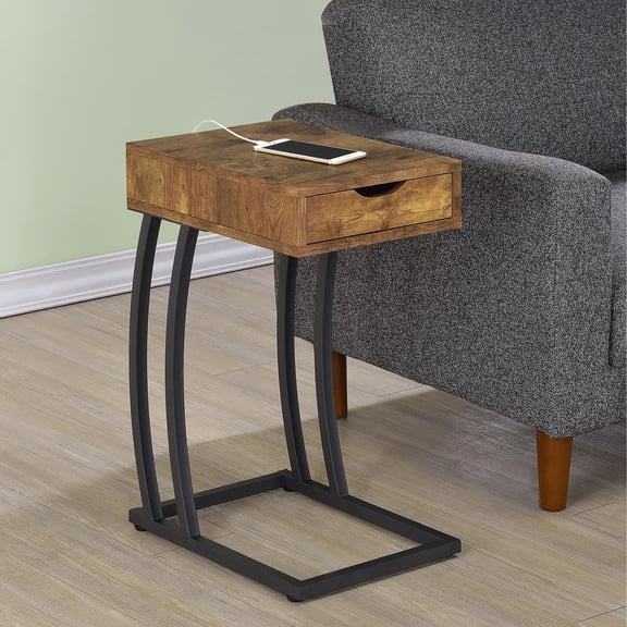 Antique Nutmeg & Gunmetal Hi-Tech Accent Table: Rustic Charm, Modern Tech, Built-in Outlets & USB, Drawers, 24"H, Wood Veneer & Metal, Living Room/End Table