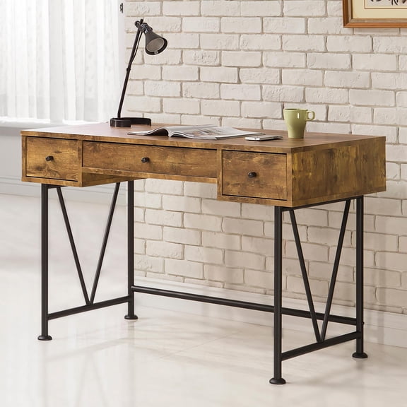 Antique Nutmeg and Black 3-Drawer Writing Desk with Metal Frame for Small Home Office, 47.25 inch Industrial Style Desk