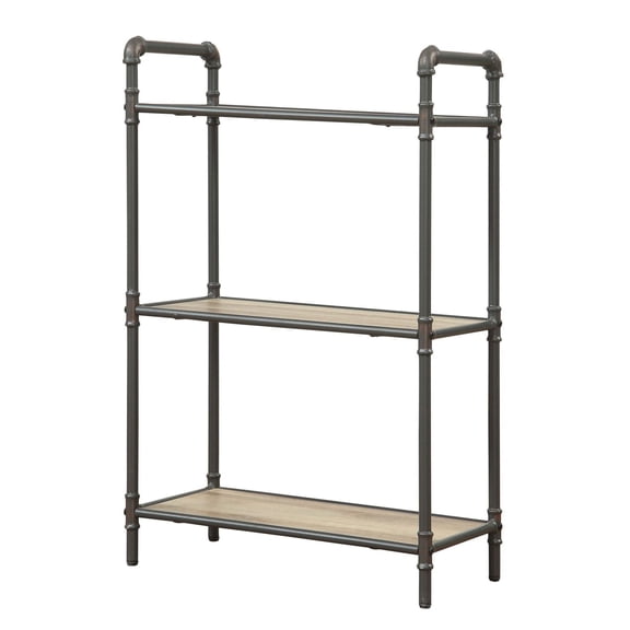 Antique Oak Bookcase - 3 Tier Industrial Bookshelf, Sandy Grey Finish, Metal Frame, Living Room, Office, Bedroom Decor
