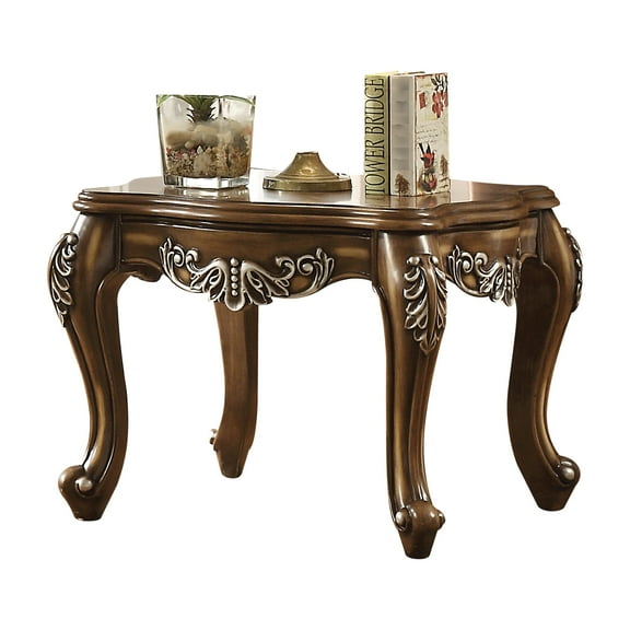 Antique Oak End Table With Queen Style Legs - Scalloped Wood Top For Fascination, Hand-brushed Motifs Apron, Rectangular Different Uses, 24" H X 30" W D Decorative Sturdiness, Apron Detail, Ideal