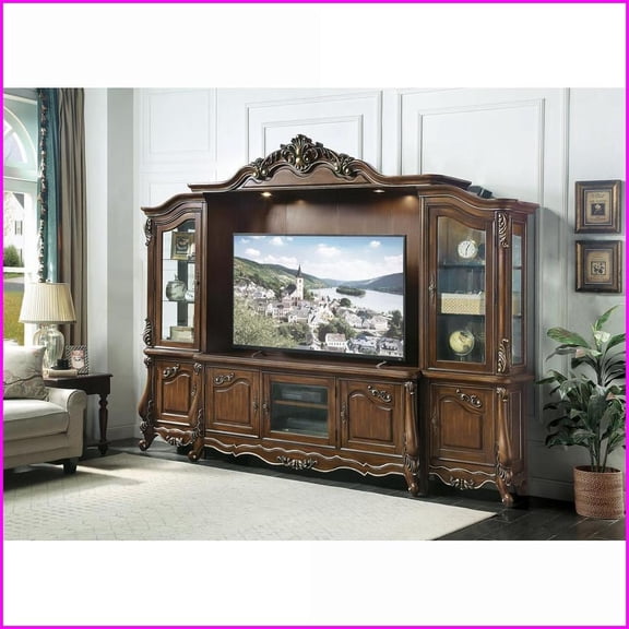 Antique Oak Finish Entertainment Center with Floral Trim, Touch Light | Fits 68 TVs | Oak | TV Size Ranges 60-69 inches