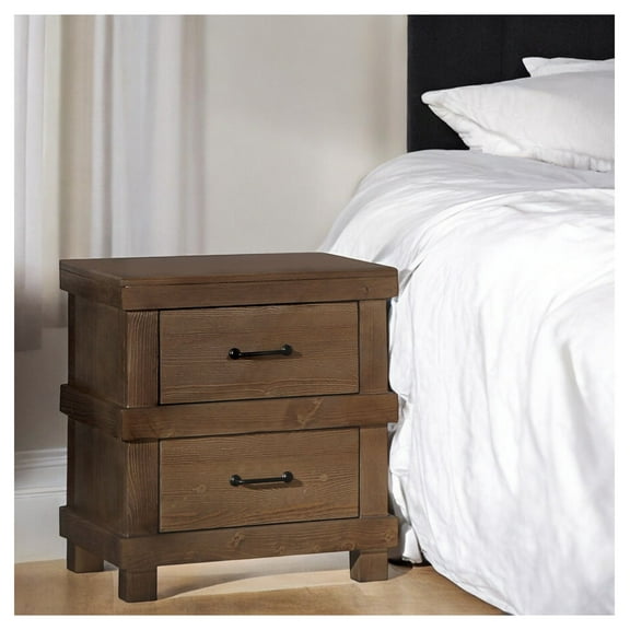 Antique Oak Nightstand with 2 Drawers - Bedroom Side Table with Metal Glides & Felt-Lined Top Drawer - Durable French Dovetail Construction - Modern Metal Handles Oak + Synthetic Wood